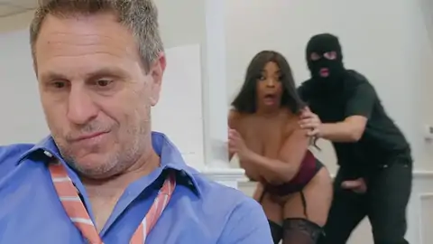 Burglar finishes up pounding a big-boobed black with phat bobos