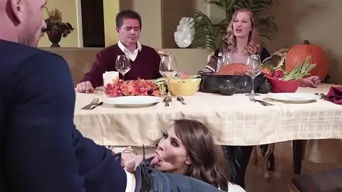 Madison Ivy providing a blow-job under the table