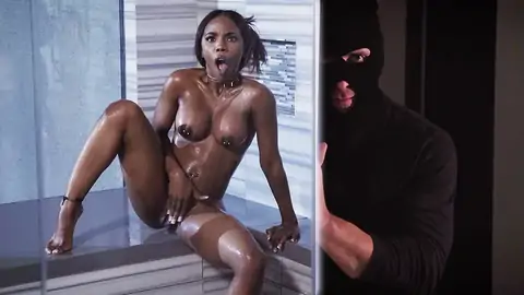 Dark-hued with pierced nips is caught by a thief