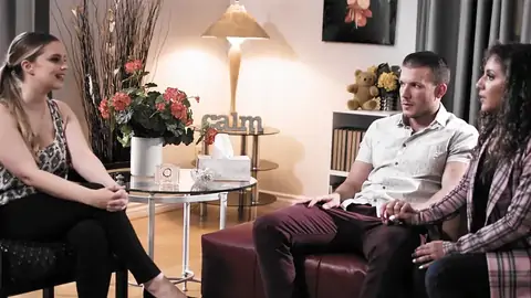 A psychologist is romping the spouse of a dark-skinned-haired