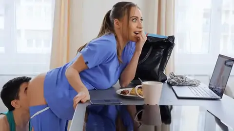 Whorey nurse gets her hefty natural baps fumbled by her beau