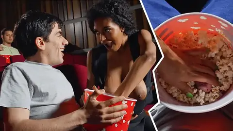 Public interracial in the cinema with an ebony