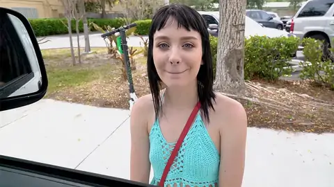 Ultra-Super-cute teenage is flashing her lil' breasts to the driver