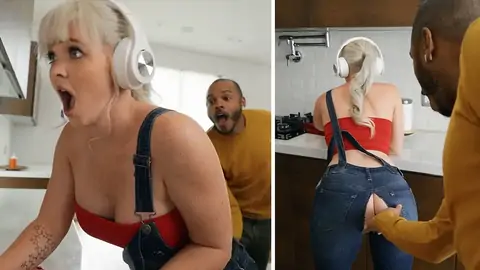 BIG BLACK COCK is drilling bootylicious blondie cockslut in the kitchen