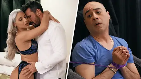 Guy with bound hands is attempting to plow a platinum-platinum-towheaded damsel