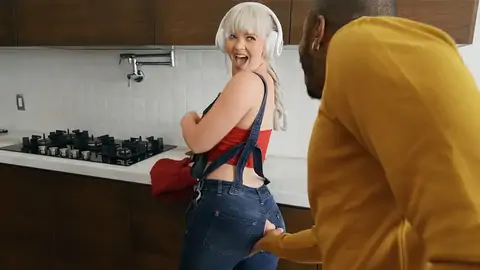 BIG BLACK COCK is pummeling curvaceous platinum-ash-light-haired bisexous-atch in the kitchen